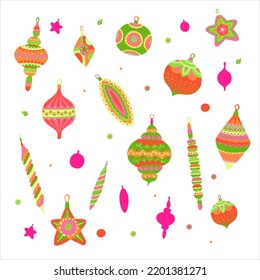  Vector christmas illustration with happy new year winter ornament balls and fur tree toys for greeting cards and invitation 