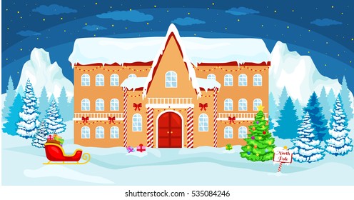 Vector Christmas illustration  house Santa at the North Pole.  Greeting card