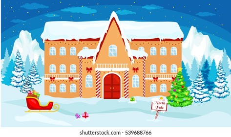 Vector Christmas illustration  house Santa at the North Pole.  Greeting card