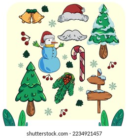 vector christmas illustration with an interesting composition with a picture of a christmas tree, santa's beard, bell, and road signs and snow