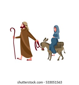 Vector christmas illustration, isolated on white background. Holy family, travel to Bethlehem
