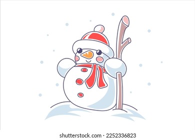 Vector christmas illustration of line winter holiday snowman in red hat on white color background. Flat line art style design of snow man with carrot nose and scarf for web, site, banner, print, card