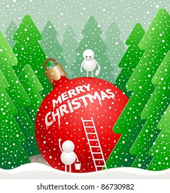 Vector Christmas illustration - little cute snowmans write a  greeting on a giant bauble in the winter forest