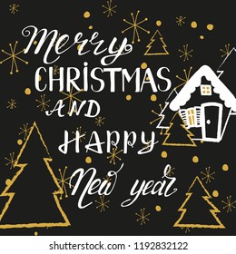 Vector Christmas illustration. Merry Chrismas print. Happy New year print. Christmas house, tree and snowflackes. Lettering. Perfect for greetings, invitations, manufacture wrapping paper and web.