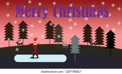 Vector Christmas illustration. Nature with coniferous trees. A frozen lake with a skater on the hill. Man with Santa Claus hat. Silhouettes of reindeer, snowflakes, inscription: "Merry Christmas."