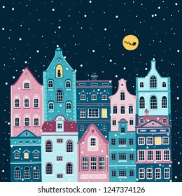 Vector Christmas illustration of night street with european houses. Silhouette of a girl in the window and the silhouette of Santa with deer in the sky