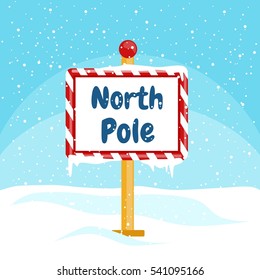 Vector Christmas illustration with a North Pole sign with snow 