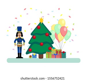 vector Christmas illustration of nutcracker with drums, Xmas tree, gifts, balloons and confetti