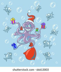 Vector christmas illustration of octopus giving presents to fish