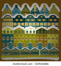 Vector. Christmas illustration on brown, yellow and blue colors. Mountain landscape. Winter. Cloudy winter landscape. Lonely house on a hill.