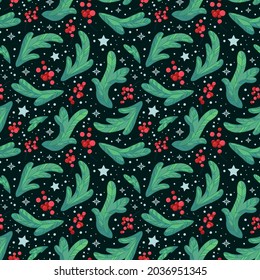 Ilustración vectorial navideña en un fondo azul oscuro. Patrón sin foco con ramas de abetos, bayas rojas, estrellas y copos de nieve. Para diseño y embalaje.