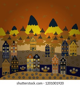 Vector. Christmas illustration on orange, yellow and brown colors. Lonely house on a hill. Winter. Mountain landscape. Cloudy winter landscape.