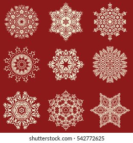 Vector christmas illustration on a red background. 9 snowflakes winter New Year frame.