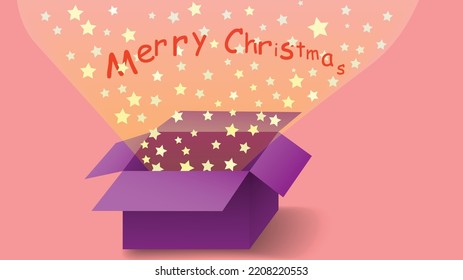 Vector Christmas illustration. Open box in purple color. A magical glow emanating from the box. In the glow the inscription "Merry Christmas." A solid color background behind the object. 