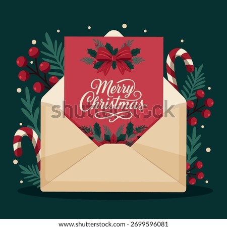 Vector Christmas illustration of an open envelope with a red Christmas card, holly, berries, candy canes, dark green background. Festive design. Suitable for cards, invitations. High quality. Scalable