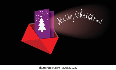 Vector Christmas illustration.Red open envelope.A purple Christmas card in the envelope.Greeting card with a white Christmas tree.A glow emanating from the card with the inscription: "Merry Christmas"