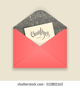 Vector Christmas illustration. Open red envelope of decorated paper with trees and card with the words "Merry Christmas" inside.