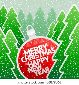Vector Christmas illustration - paper bauble with holidays greeting in the winter paper forest