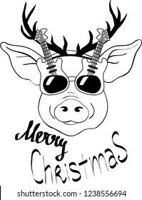 Vector Christmas illustration of Pig with reindeer horns and guitar glasses. Lettering Merry Christmas