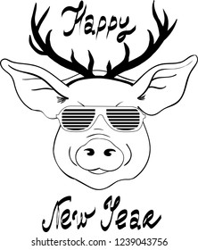 Vector Christmas illustration of Pig with reindeer horns and disco glasses. Lettering Happy New Year