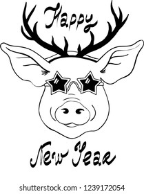 Vector Christmas illustration of Pig with reindeer horns and star glasses. Lettering Happy New Year