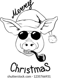 Vector Christmas illustration of Pig in Santa hat and in sunglasses. Pig illustration as Hipster Santa. Lettering Merry Christmas