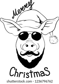 Vector Christmas illustration of Pig in Santa hat and in sunglasses. Pig illustration as Hipster Santa. Lettering Merry Christmas