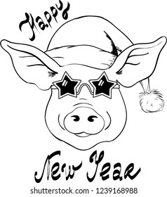 Vector Christmas illustration of Pig in Santa hat and star glasses. Lettering Happy New Year