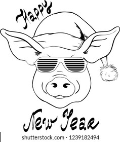 Vector Christmas illustration of Pig in Santa hat and disco glasses. Lettering Happy New Year