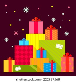 Vector Christmas illustration of the piles of presents on dark background with colorful snowflakes. Color bright flat design for card, banner, poster, advertising, blog 