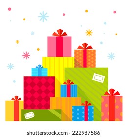 Vector Christmas illustration of the piles of presents on white background with colorful snowflakes. Color bright flat design for card, banner, poster, advertising, blog 