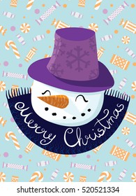 Vector Christmas illustration. The poster with a cartoon happy snowman wearing a hat. The inscription Happy New Year. Lettering. Portrait of snowmen. Doodle. Drawing by hand.