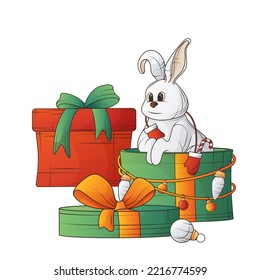 Ilustración vectorial navideña de un conejo en una caja de regalo. Ilustración de un lindo conejito para el diseño de Año Nuevo. Conejo con mitones. Para diseño de tarjetas de año nuevo, decoración de afiches, banner. 