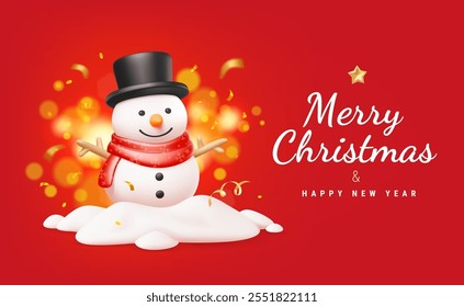 Vector christmas illustration of realistic snowman in snowdrift on red background with text Merry Christmas and Happy New Year. 3d cartoon style winter holiday design of snowman in snow with bokeh