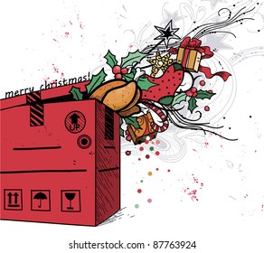 vector christmas illustration of a red box with christmas turkey and colorful gifts