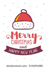 Vector christmas illustration of red color santa claus hat with handwritten text merry christmas on white background with snow. Flat style design for web, site, banner, poster, print, greeting card