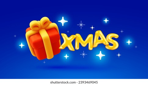 Vector christmas illustration of red gift box and word xmas on blue color background with shine star. 3d style winter holiday design of decorative letter for greeting card, web, site, banner