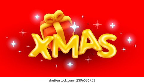 Dibujo navideño vectorial de caja de regalo roja y navidad de palabra dorada sobre fondo de color rojo con estrella brillante. 3d estilo vacaciones de invierno diseño de carta decorativa para tarjeta de saludo, web, sitio, banner
