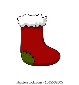 Vector christmas illustration. Red santa claus socks with fur. Cartoon flat style