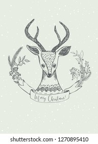 Vector Christmas illustration with reindeer on bright grey snowy background. Postcard / greeting card - holiday deer and floral Christmas wreath. Winter design. Merry Christmas!