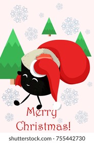Vector Christmas illustration of a roll that carries a bag of Santa Claus