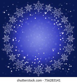 Vector Christmas illustration. Christmas round frame of snowflakes on a blue background with a simulation of falling snow.