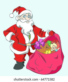 vector christmas illustration of Santa carrying gifts for children in his big red bag