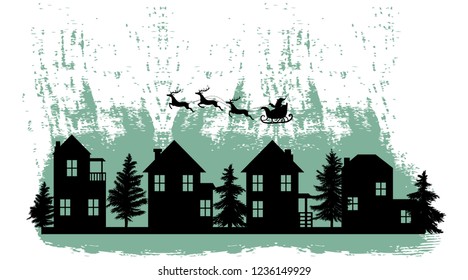 vector Christmas illustration of Santa Claus in his sleight in the sky and houses of small town