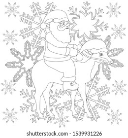 Vector Christmas illustration with Santa Claus on a background of snowflakes riding a Christmas deer in a hat. Zenart. Anti-stress coloring.
