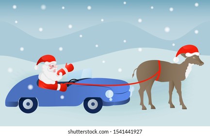Vector Christmas illustration with Santa Claus, deer and car on a colored background with snowdrifts and snow.
