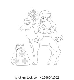 Vector, Christmas illustration with Santa Claus sitting on a deer in a hat, whose horns are decorated with Christmas toys with a bag of gifts nearby. Zenart. Anti-stress coloring.
