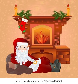 Vector Christmas illustration with Santa Claus lying on a sack by the fireplace in which a fire burns, with a Christmas sock, fir branches, with a serpentine and burning candles with bursts of wax.