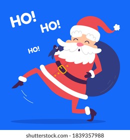 Vector christmas illustration of santa claus with a bag of gifts on color background