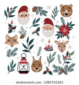 Vector Christmas illustration with Santa Claus, deer, fox, squirrel, bear and branches, lantern and snowflakes in flat style. Can be used for cards, posters, printing on fabric, paper and more